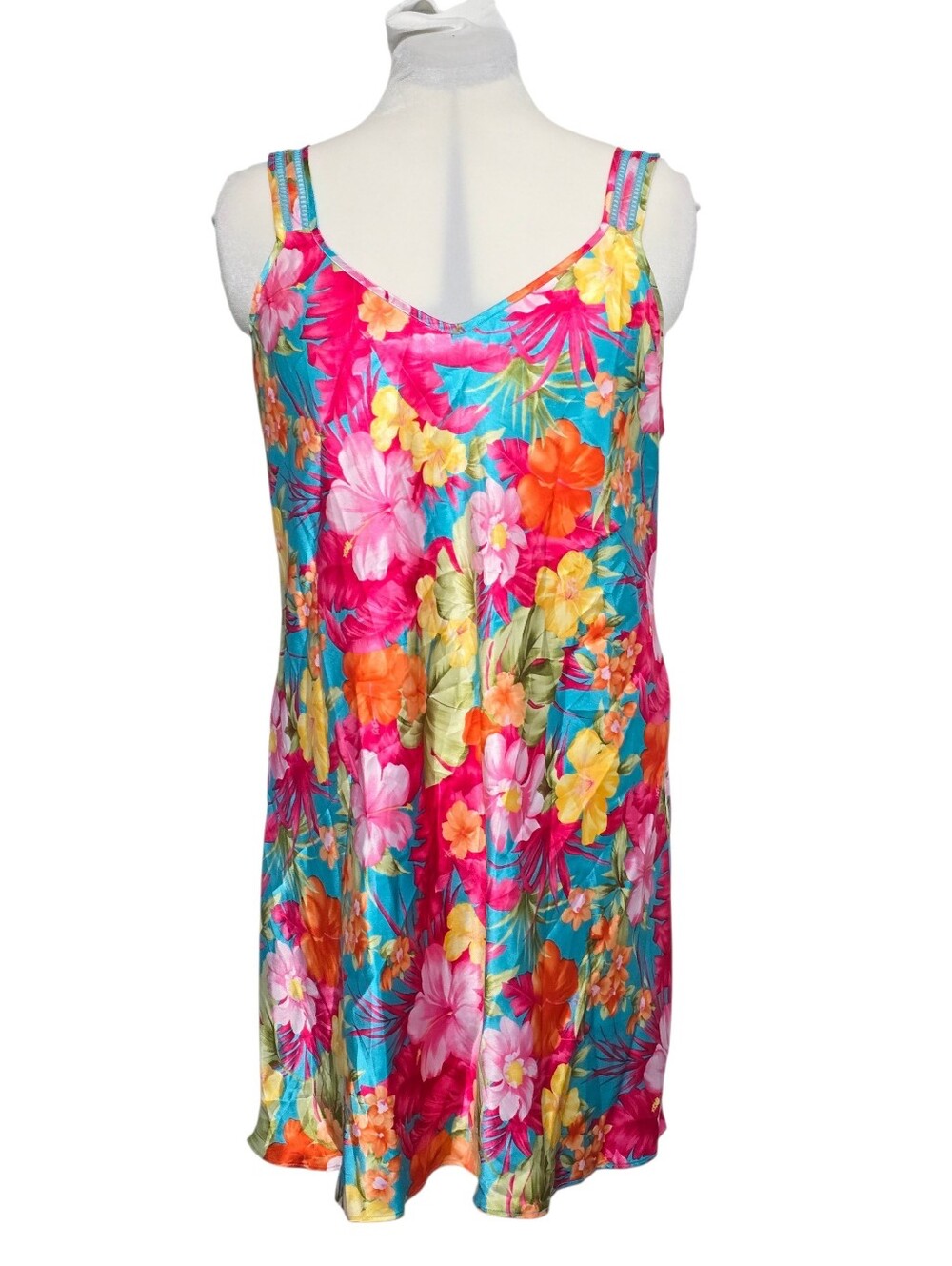 VTG Sofia by Delicates Floral Satin Chemise Slip Dress M Tropical Hibiscus Y2K